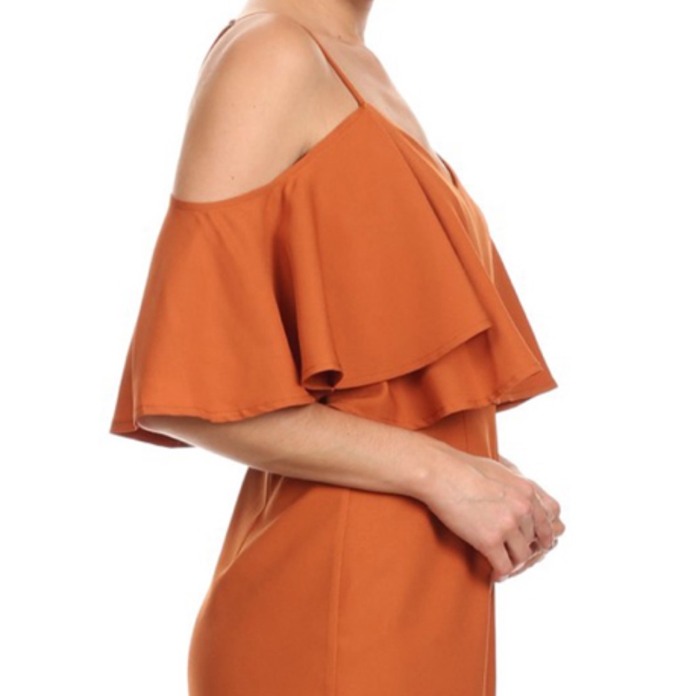 Orange/Rust Off the Shoulder Ruffle Romper - Picture 2 of 4